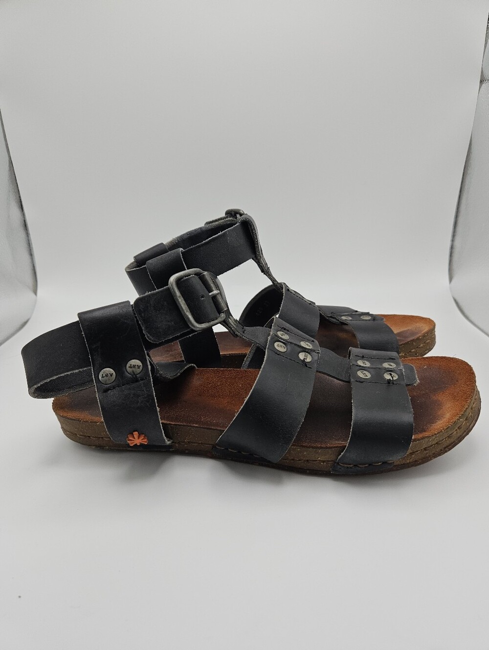 The Art Company black leather sandals with studs and ankle straps size 39